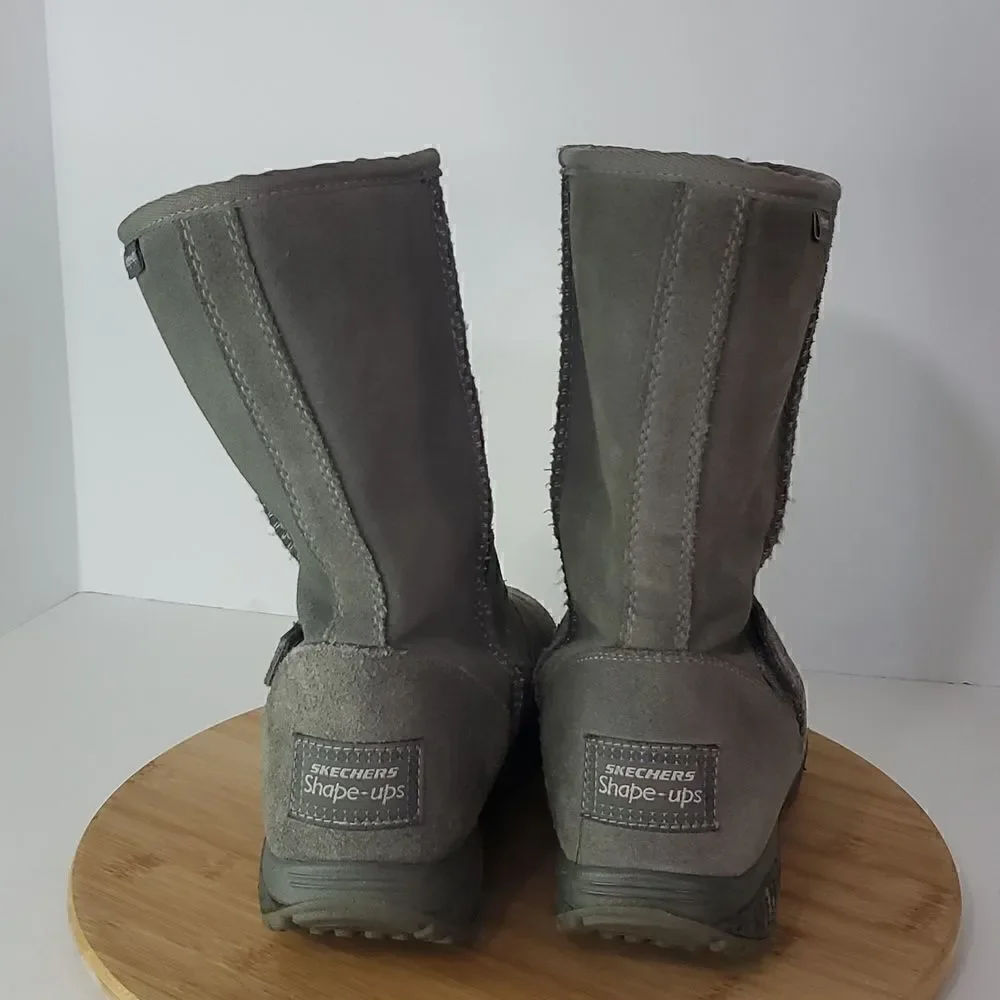 Skechers Women's Shape Ups Gray Leather Suede Bollard Wedge Toning Boots Sz 9